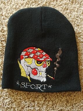 Sporto Black Knit Beanie with Colorful Skull Embroidery